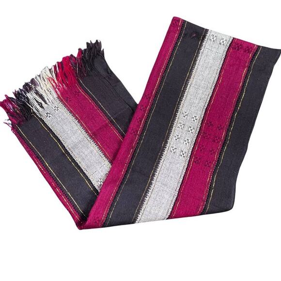 Holiday Decor Fringed Table Runner Cream Maroon Brown L70" W21.75" Fringe 2.25" - Picture 3 of 10